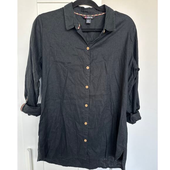 Sherpa Women's Black Hemp Blend Button-Up Roll Tab Sleeve Tunic Top, Size L, EUC - Picture 1 of 7